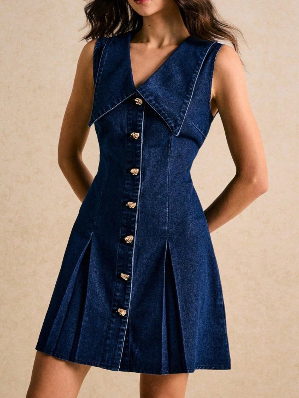 Dark Wash Casual Women's Front Pleated Button Sleeveless Dress - Picture 4 of 4